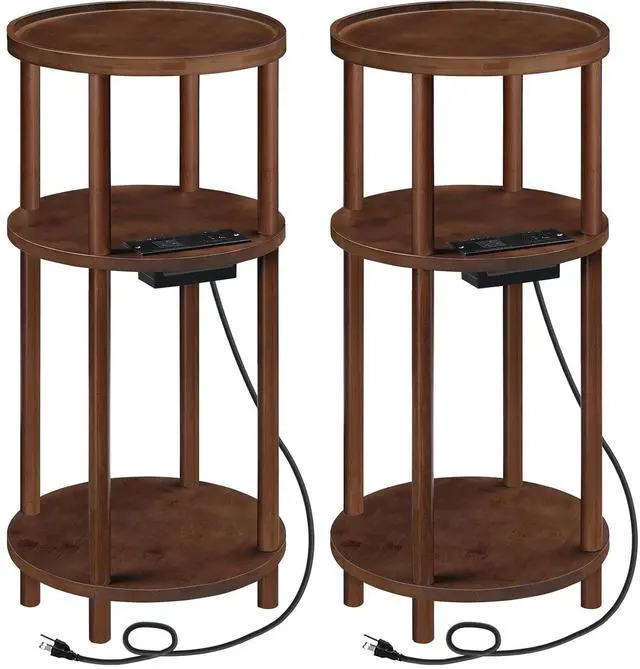 Main image of Set of 2 Small Round Side Tables with Charging Station, 3-Tier Round Bamboo End Tables, Compact Sofa Bedside Tables, Easy Assembly, for Living Room, Bedroom, Apartment, Mocha MA152UBZP201