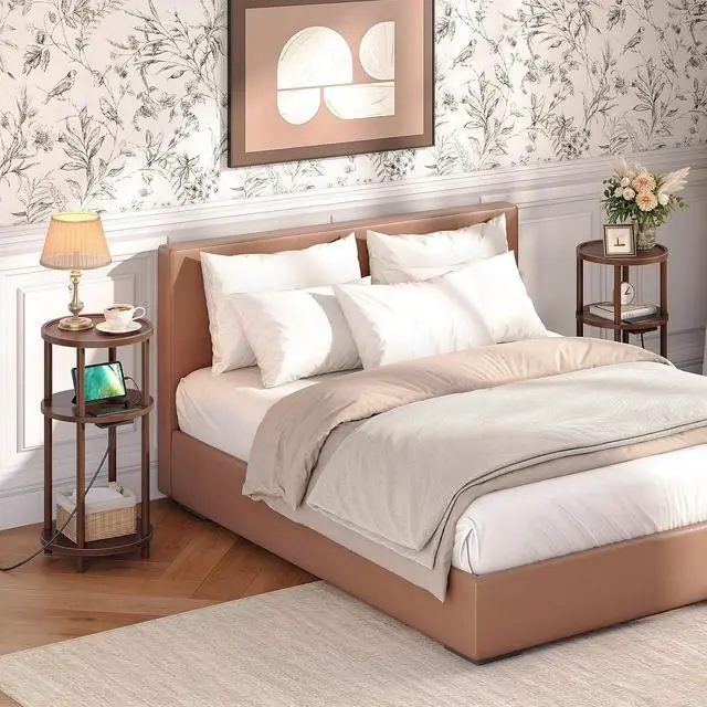 Alt view image 5 of 7 - Set of 2 Small Round Side Tables with Charging Station, 3-Tier Round Bamboo End Tables, Compact Sofa Bedside Tables, Easy Assembly, for Living Room, Bedroom, Apartment, Mocha MA152UBZP201