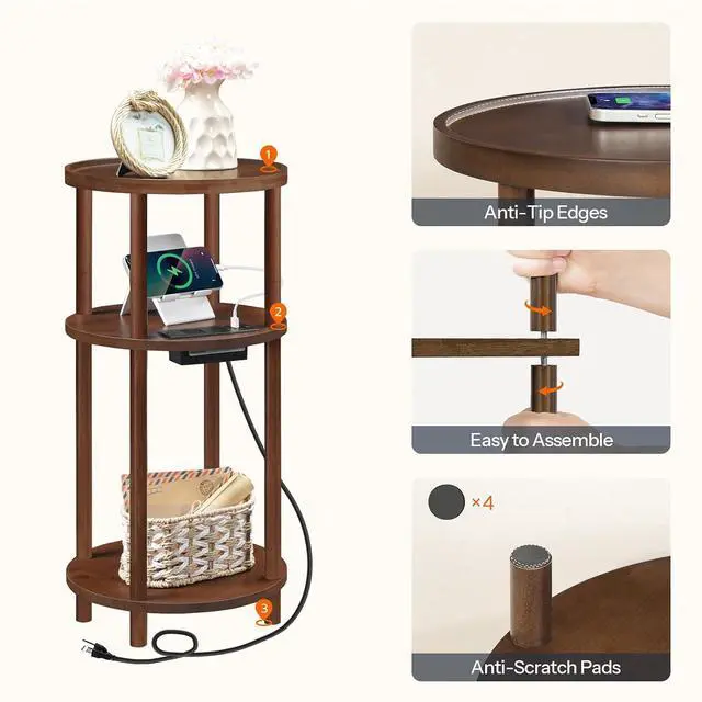 Alt view image 7 of 7 - Set of 2 Small Round Side Tables with Charging Station, 3-Tier Round Bamboo End Tables, Compact Sofa Bedside Tables, Easy Assembly, for Living Room, Bedroom, Apartment, Mocha MA152UBZP201
