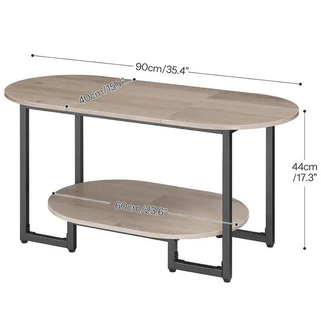 Alt view image 2 of 7 - Coffee Table for Living Room, Oval Small Coffee Table with 2-Tier Open Storage Shelf, Industrial Cocktail Tea Table, Wooden Desktop Center Table, Farmhouse, Home Office, Greige BG09KF01
