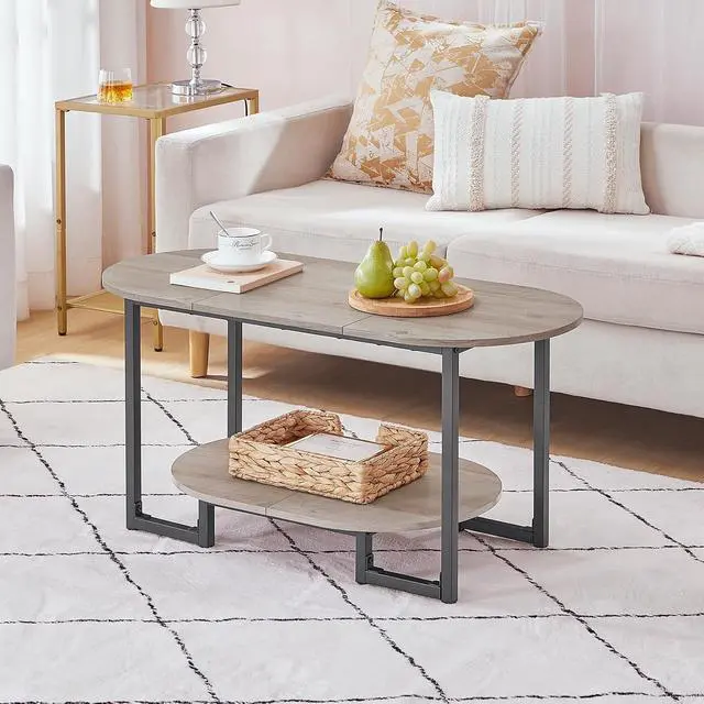 Alt view image 3 of 7 - Coffee Table for Living Room, Oval Small Coffee Table with 2-Tier Open Storage Shelf, Industrial Cocktail Tea Table, Wooden Desktop Center Table, Farmhouse, Home Office, Greige BG09KF01