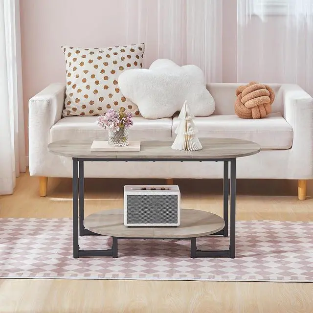 Alt view image 5 of 7 - Coffee Table for Living Room, Oval Small Coffee Table with 2-Tier Open Storage Shelf, Industrial Cocktail Tea Table, Wooden Desktop Center Table, Farmhouse, Home Office, Greige BG09KF01