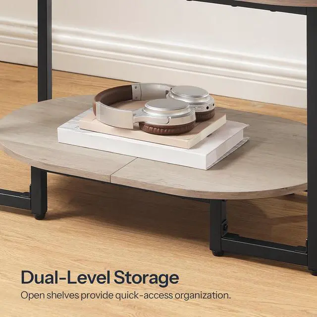 Alt view image 6 of 7 - Coffee Table for Living Room, Oval Small Coffee Table with 2-Tier Open Storage Shelf, Industrial Cocktail Tea Table, Wooden Desktop Center Table, Farmhouse, Home Office, Greige BG09KF01