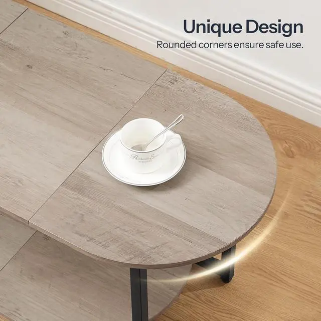 Alt view image 7 of 7 - Coffee Table for Living Room, Oval Small Coffee Table with 2-Tier Open Storage Shelf, Industrial Cocktail Tea Table, Wooden Desktop Center Table, Farmhouse, Home Office, Greige BG09KF01