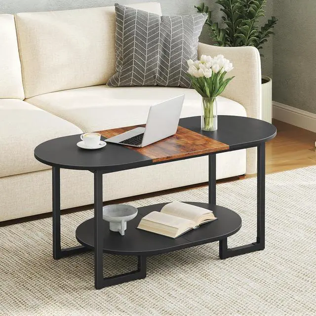 Main image of Coffee Table for Living Room, Oval Small Coffee Table with 2-Tier Open Storage Shelf, Industrial Cocktail Tea Table, Wooden Desktop Center Table, Home Office, Rustic Brown and Black BFK09KF01