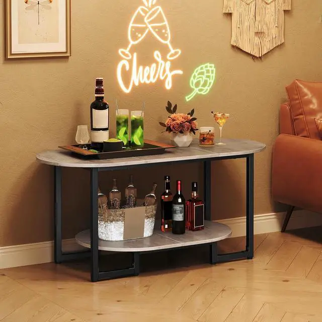 Alt view image 4 of 7 - Coffee Table for Living Room, Oval Small Coffee Table with 2-Tier Open Storage Shelf, Industrial Cocktail Tea Table, Wooden Desktop Center Table, Farmhouse, Home Office, Greige BG09KF01