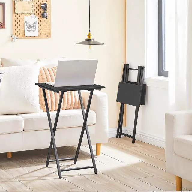 Alt view image 4 of 7 - Folding TV Tray Table, Wooden TV Tray, Portable Sofa Side Table, Industrial Snack Table End Table for Small Spaces, Space-Saving, Easy to Install and Fold, Black BB27BZ01