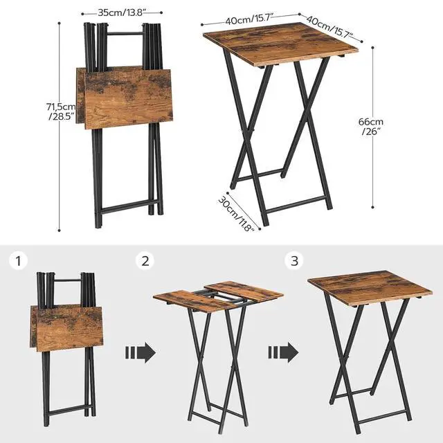 Alt view image 3 of 7 - Folding TV Tray Table, Wooden TV Tray, Portable Sofa Side Table, Industrial Snack Table End Table for Small Spaces, Space-Saving, Easy to Install and Fold, Rustic Brown and Black BF27BZ01