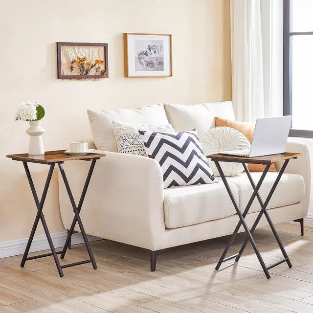 Alt view image 5 of 7 - Folding TV Tray Table, Wooden TV Tray, Portable Sofa Side Table, Industrial Snack Table End Table for Small Spaces, Space-Saving, Easy to Install and Fold, Rustic Brown and Black BF27BZ01