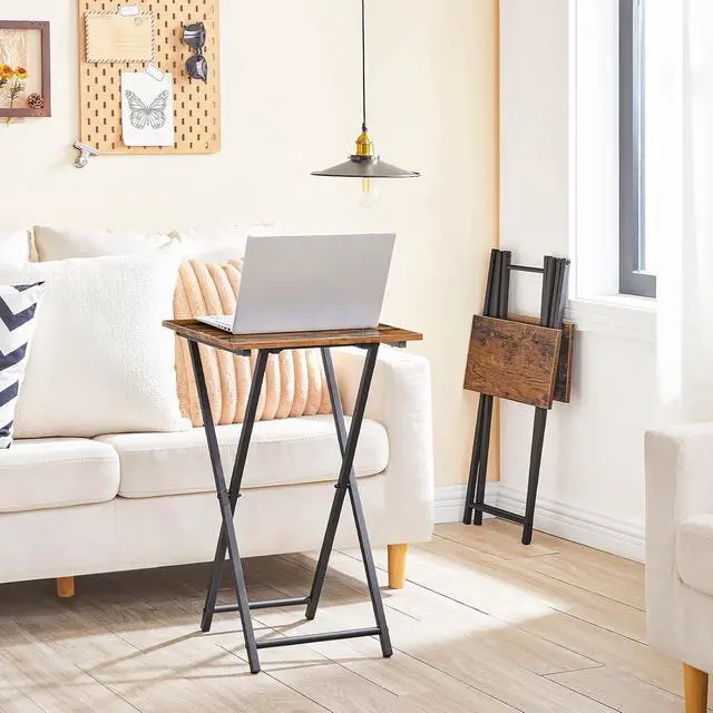 Alt view image 6 of 7 - Folding TV Tray Table, Wooden TV Tray, Portable Sofa Side Table, Industrial Snack Table End Table for Small Spaces, Space-Saving, Easy to Install and Fold, Rustic Brown and Black BF27BZ01