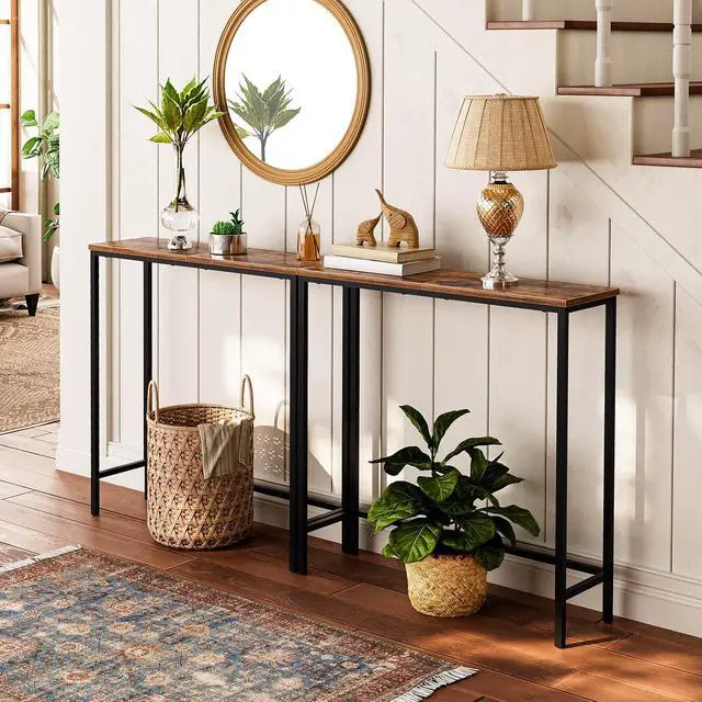 Alt view image 2 of 7 - 2 Pack Narrow Console Table, 29.5" Small Entryway Table, Thin Long Sofa Side Display Table, for Hallway, Bedroom, Living Room, Foyer, Rustic Brown and Black BF75XGP201