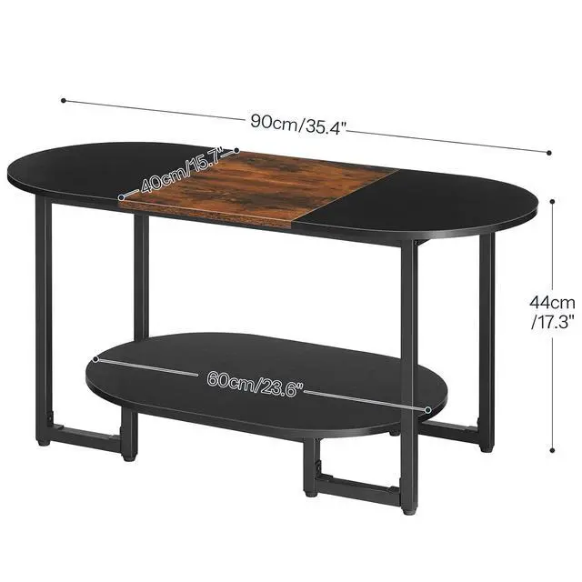 Alt view image 2 of 7 - Coffee Table for Living Room, Oval Small Coffee Table with 2-Tier Open Storage Shelf, Industrial Cocktail Tea Table, Wooden Desktop Center Table, Home Office, Rustic Brown and Black BFK09KF01