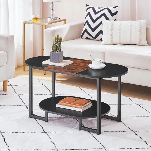 Alt view image 3 of 7 - Coffee Table for Living Room, Oval Small Coffee Table with 2-Tier Open Storage Shelf, Industrial Cocktail Tea Table, Wooden Desktop Center Table, Home Office, Rustic Brown and Black BFK09KF01
