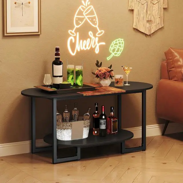 Alt view image 4 of 7 - Coffee Table for Living Room, Oval Small Coffee Table with 2-Tier Open Storage Shelf, Industrial Cocktail Tea Table, Wooden Desktop Center Table, Home Office, Rustic Brown and Black BFK09KF01