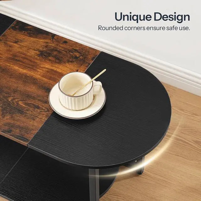 Alt view image 5 of 7 - Coffee Table for Living Room, Oval Small Coffee Table with 2-Tier Open Storage Shelf, Industrial Cocktail Tea Table, Wooden Desktop Center Table, Home Office, Rustic Brown and Black BFK09KF01