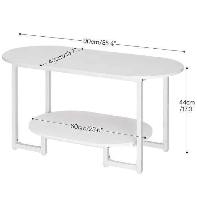 Alt view image 2 of 7 - Coffee Table for Living Room, Oval Small Coffee Table with 2-Tier Open Storage Shelf, Industrial Cocktail Tea Table, Wooden Desktop Center Table, Farmhouse, Home Office, White WW09KF01