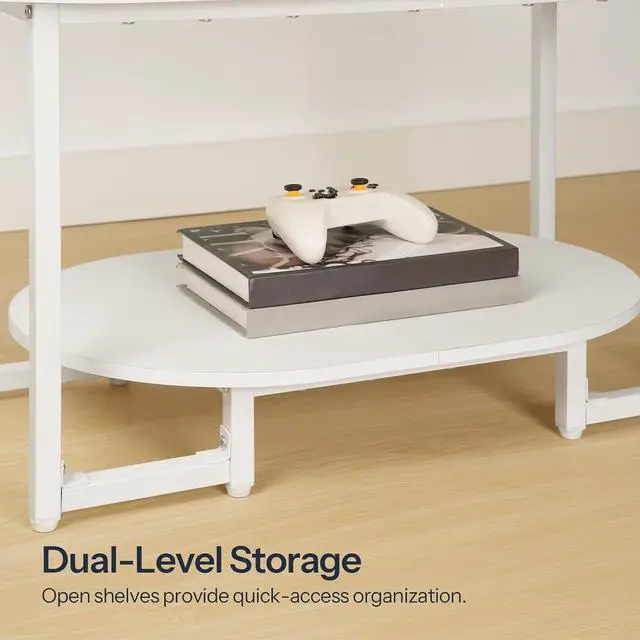Alt view image 4 of 7 - Coffee Table for Living Room, Oval Small Coffee Table with 2-Tier Open Storage Shelf, Industrial Cocktail Tea Table, Wooden Desktop Center Table, Farmhouse, Home Office, White WW09KF01