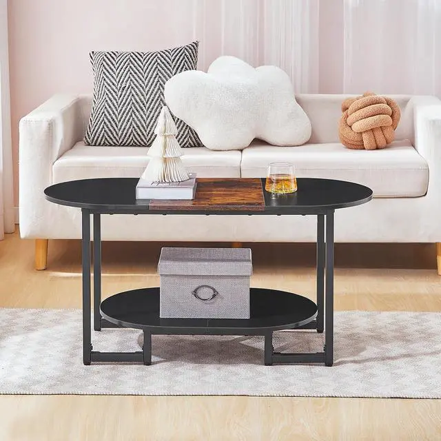 Alt view image 7 of 7 - Coffee Table for Living Room, Oval Small Coffee Table with 2-Tier Open Storage Shelf, Industrial Cocktail Tea Table, Wooden Desktop Center Table, Home Office, Rustic Brown and Black BFK09KF01