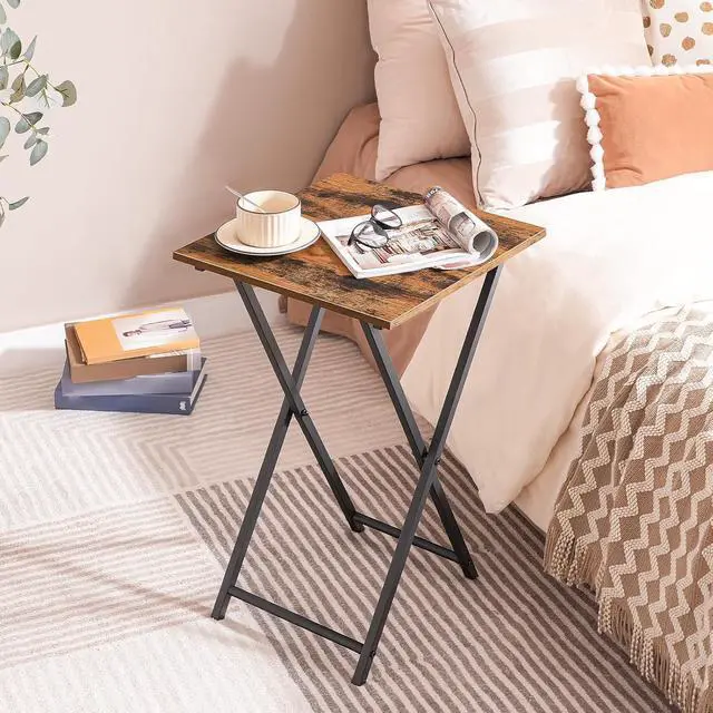 Alt view image 2 of 7 - Folding TV Tray Table, Wooden TV Tray, Portable Sofa Side Table, Industrial Snack Table End Table for Small Spaces, Space-Saving, Easy to Install and Fold, Rustic Brown and Black BF27BZ01