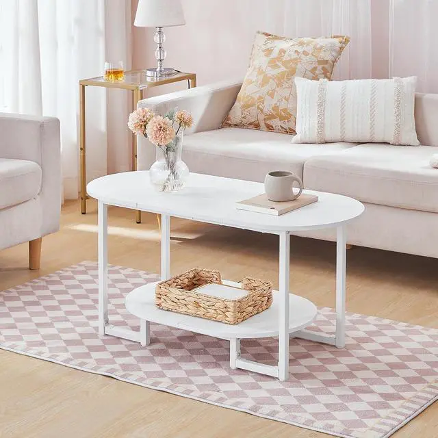 Alt view image 5 of 7 - Coffee Table for Living Room, Oval Small Coffee Table with 2-Tier Open Storage Shelf, Industrial Cocktail Tea Table, Wooden Desktop Center Table, Farmhouse, Home Office, White WW09KF01