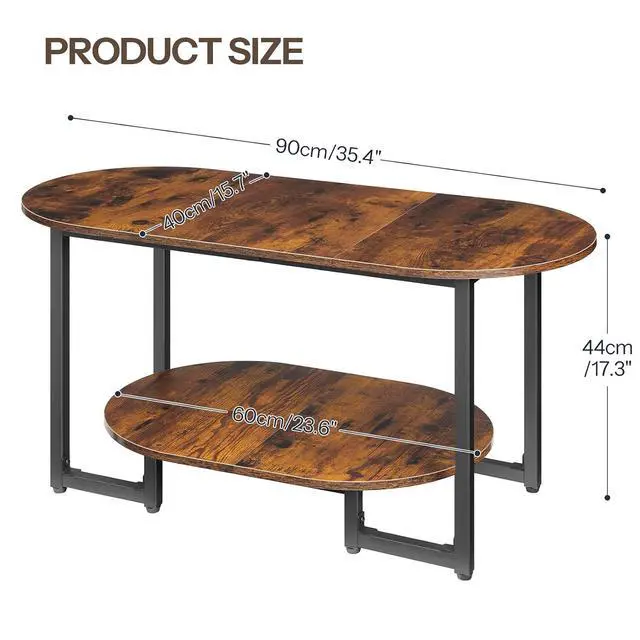 Alt view image 2 of 7 - Coffee Table for Living Room, Oval Small Coffee Table with 2-Tier Open Storage Shelf, Industrial Cocktail Tea Table, Wooden Desktop Center Table, Farmhouse, Home Office, Rustic Brown BF09KF01
