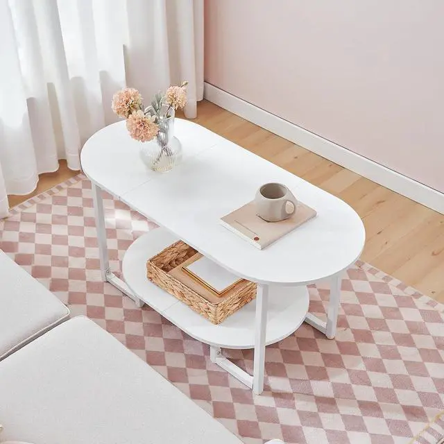 Alt view image 6 of 7 - Coffee Table for Living Room, Oval Small Coffee Table with 2-Tier Open Storage Shelf, Industrial Cocktail Tea Table, Wooden Desktop Center Table, Farmhouse, Home Office, White WW09KF01