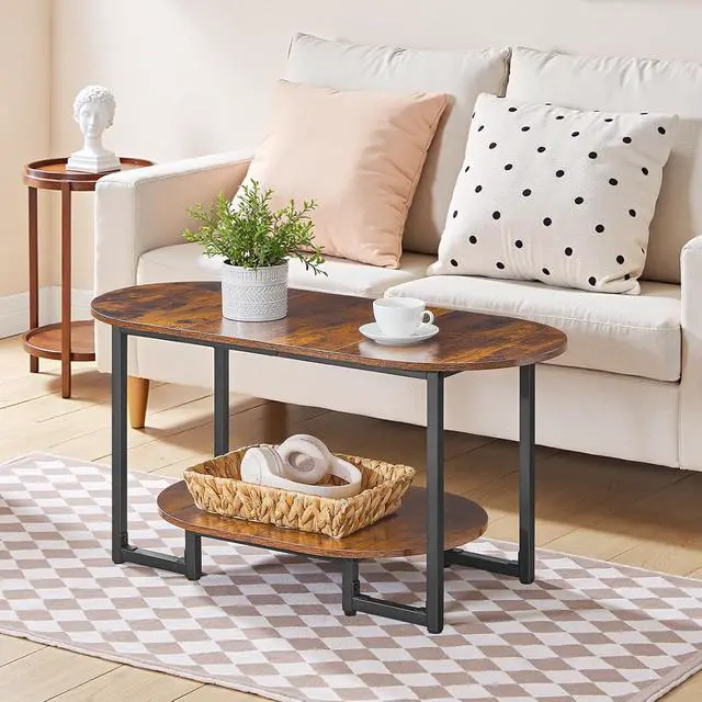 Alt view image 3 of 7 - Coffee Table for Living Room, Oval Small Coffee Table with 2-Tier Open Storage Shelf, Industrial Cocktail Tea Table, Wooden Desktop Center Table, Farmhouse, Home Office, Rustic Brown BF09KF01