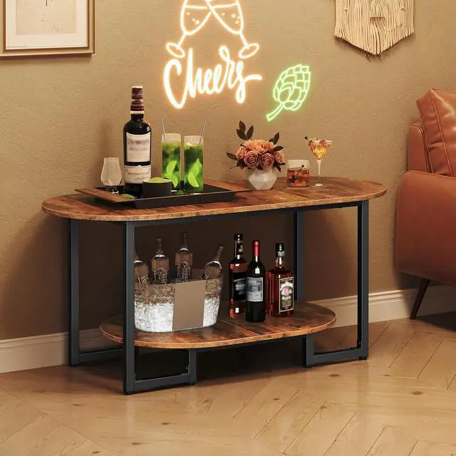 Alt view image 4 of 7 - Coffee Table for Living Room, Oval Small Coffee Table with 2-Tier Open Storage Shelf, Industrial Cocktail Tea Table, Wooden Desktop Center Table, Farmhouse, Home Office, Rustic Brown BF09KF01