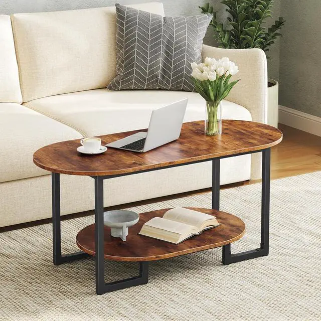 Main image of Coffee Table for Living Room, Oval Small Coffee Table with 2-Tier Open Storage Shelf, Industrial Cocktail Tea Table, Wooden Desktop Center Table, Farmhouse, Home Office, Rustic Brown BF09KF01