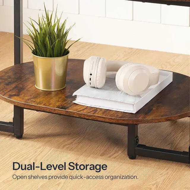Alt view image 6 of 7 - Coffee Table for Living Room, Oval Small Coffee Table with 2-Tier Open Storage Shelf, Industrial Cocktail Tea Table, Wooden Desktop Center Table, Farmhouse, Home Office, Rustic Brown BF09KF01