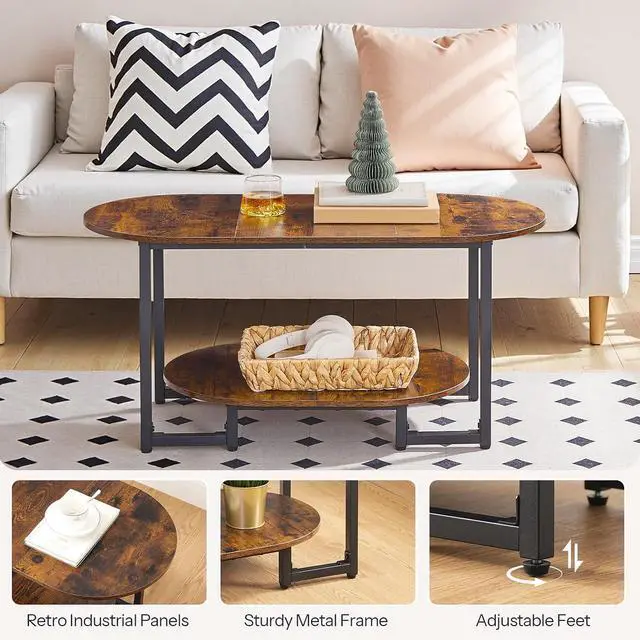 Alt view image 7 of 7 - Coffee Table for Living Room, Oval Small Coffee Table with 2-Tier Open Storage Shelf, Industrial Cocktail Tea Table, Wooden Desktop Center Table, Farmhouse, Home Office, Rustic Brown BF09KF01