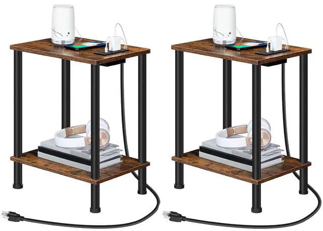 Main image of Side Table with Charging Station, Set of 2 End Tables with USB Port and Outlets, Nightstand with 2-Layer Storage Shelves for Small Spaces, Living Room, Bedroom, Rustic Brown BF09UBZP201