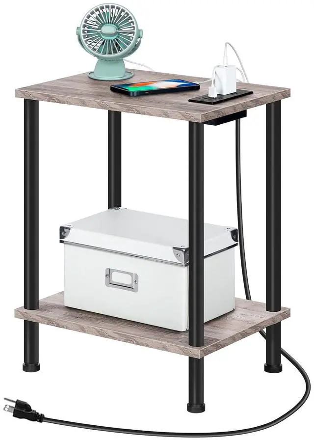 Main image of Side Table with Charging Station, End Table with USB Ports and Outlet, Nightstand with 2-Layer Storage Shelves for Small Spaces, Living Room, Bedroom, Stable Frame, Greige and Black BG09UBZ01