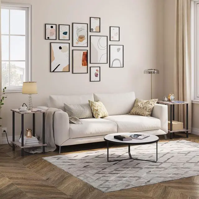 Alt view image 2 of 7 - Side Table with Charging Station, End Table with USB Ports and Outlet, Nightstand with 2-Layer Storage Shelves for Small Spaces, Living Room, Bedroom, Stable Frame, Greige and Black BG09UBZ01
