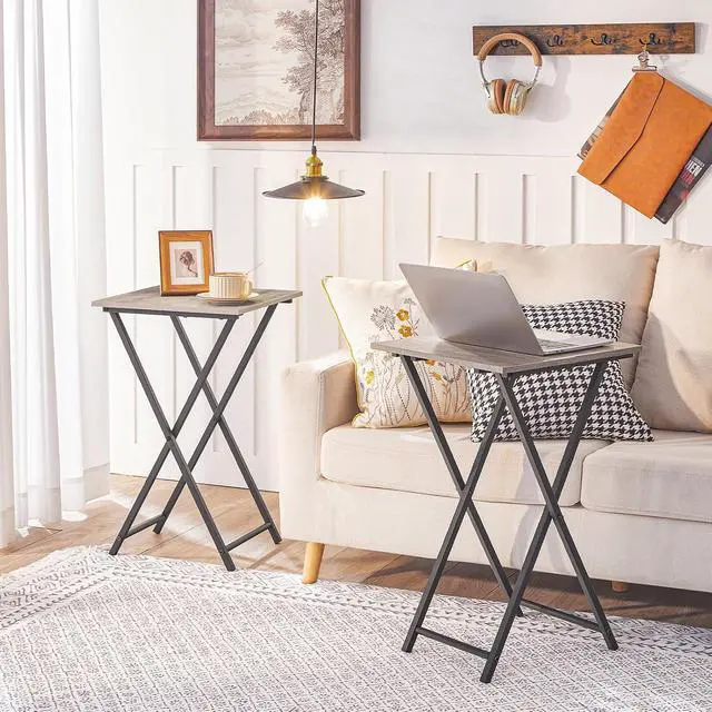 Alt view image 6 of 7 - Folding TV Tray Table, Wooden TV Tray, Portable Sofa Side Snack Table, Industrial Desk for Small Spaces, Space-Saving, Easy to Install and Fold, Greige and Black BG27BZ01