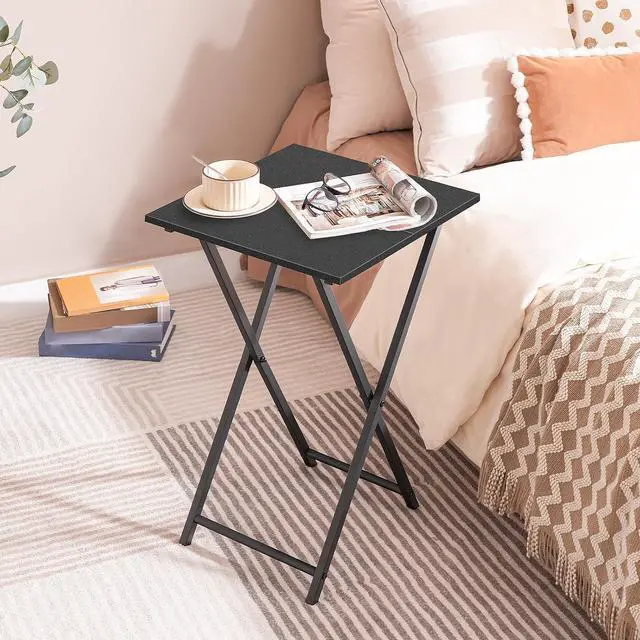 Alt view image 2 of 7 - Folding TV Tray Table, Wooden TV Tray, Portable Sofa Side Table, Industrial Snack Table End Table for Small Spaces, Space-Saving, Easy to Install and Fold, Black BB27BZ01