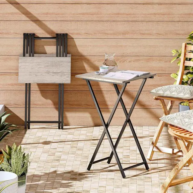 Alt view image 4 of 7 - Folding TV Tray Table, Set of 2 Wooden TV Tray, Portable Sofa Side Snack Table, Industrial Desk for Small Spaces, Space-Saving, Easy to Install and Fold, Greige and Black BG27BZP201