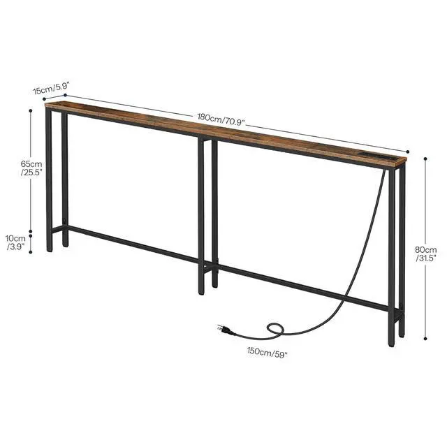 Alt view image 3 of 7 - 70.9" Narrow Console Table with Charging Station, 5.9" Slim Sofa Table Behind Couch, 2 AC Outlets & USB-C Ports, Long Entryway Tables, for Hallway, Livingroom, Rustic Brown BF185UXG01G1