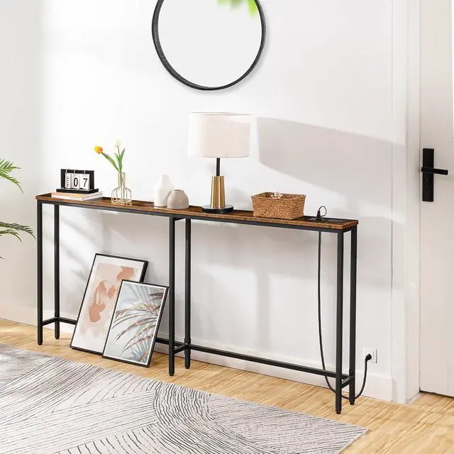 Alt view image 6 of 7 - 70.9" Narrow Console Table with Charging Station, 5.9" Slim Sofa Table Behind Couch, 2 AC Outlets & USB-C Ports, Long Entryway Tables, for Hallway, Livingroom, Rustic Brown BF185UXG01G1