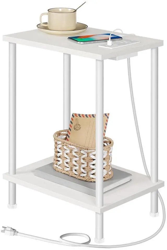 Main image of Side Table with Charging Station, End Table with USB Port and Outlets, Nightstand with 2-Layer Storage Shelves for Small Spaces, Living Room, Bedroom, White WW09UBZ01
