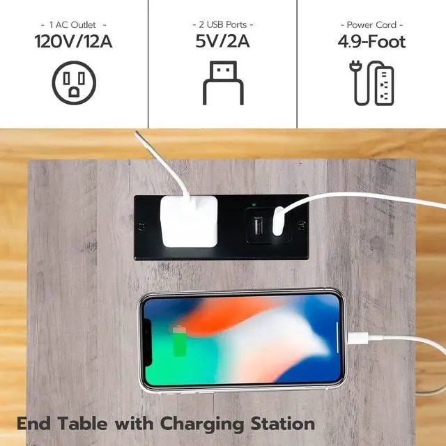 Alt view image 6 of 7 - Side Table with Charging Station, End Table with USB Ports and Outlet, Nightstand with 2-Layer Storage Shelves for Small Spaces, Living Room, Bedroom, Stable Frame, Greige and Black BG09UBZ01
