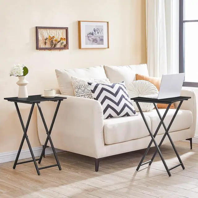 Alt view image 4 of 7 - Folding TV Tray Table, Set of 2 Wooden TV Tray, Portable Sofa Side Snack Table, Industrial Desk for Small Spaces, Space-Saving, Easy to Install and Fold, Black BB27BZP201