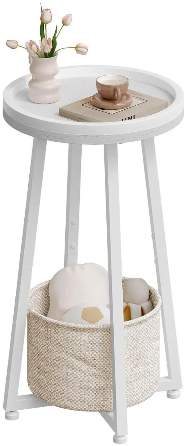 Main image of Small Round Side Table, 2-Tier Round Sofa End Table, Compact Nightstand with Cotton Linen Storage Basket, for Small Space, Living Room, Bedroom, Dorm, White WW183BZ01