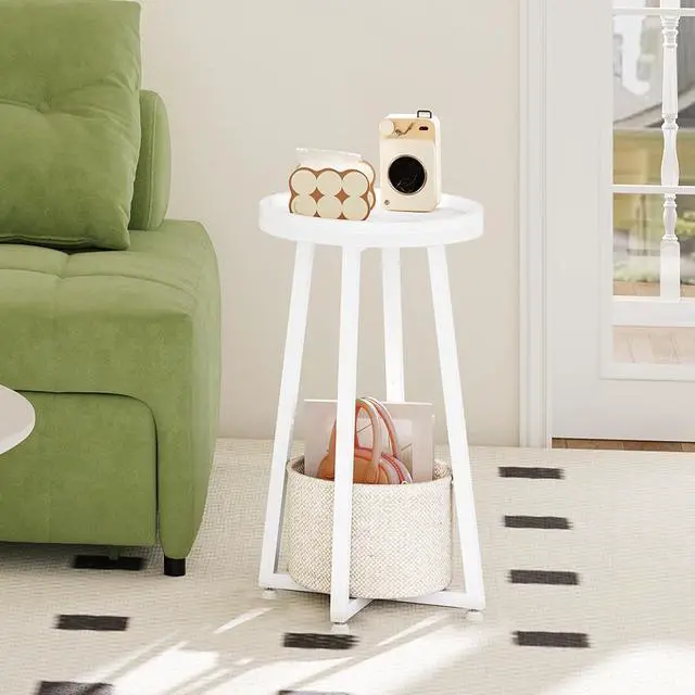 Alt view image 2 of 7 - Small Round Side Table, 2-Tier Round Sofa End Table, Compact Nightstand with Cotton Linen Storage Basket, for Small Space, Living Room, Bedroom, Dorm, White WW183BZ01