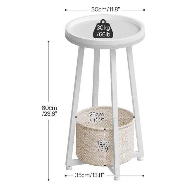 Alt view image 3 of 7 - Small Round Side Table, 2-Tier Round Sofa End Table, Compact Nightstand with Cotton Linen Storage Basket, for Small Space, Living Room, Bedroom, Dorm, White WW183BZ01