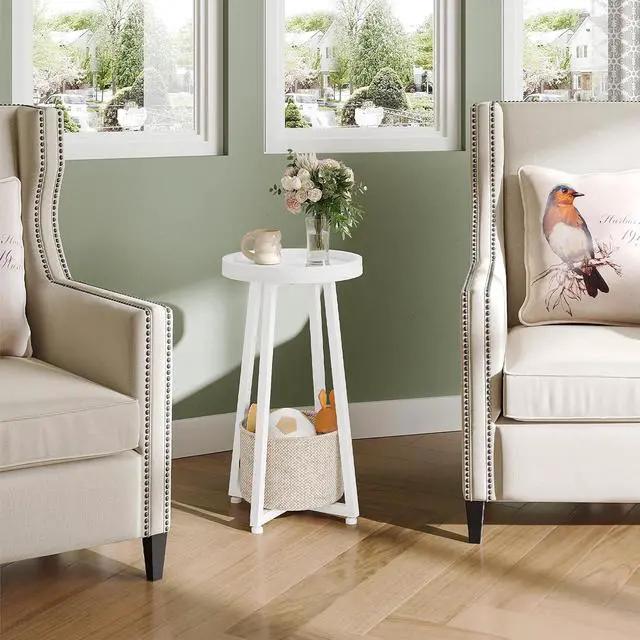 Alt view image 4 of 7 - Small Round Side Table, 2-Tier Round Sofa End Table, Compact Nightstand with Cotton Linen Storage Basket, for Small Space, Living Room, Bedroom, Dorm, White WW183BZ01