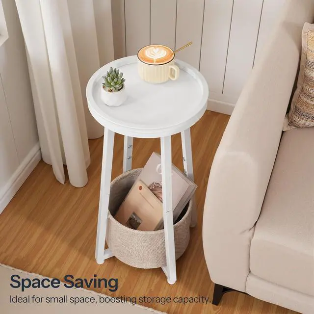 Alt view image 6 of 7 - Small Round Side Table, 2-Tier Round Sofa End Table, Compact Nightstand with Cotton Linen Storage Basket, for Small Space, Living Room, Bedroom, Dorm, White WW183BZ01