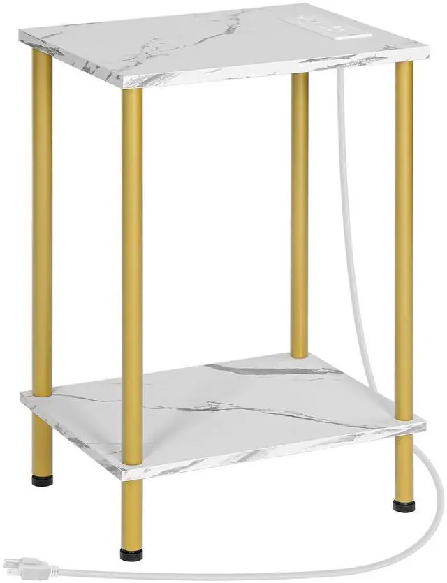 Main image of Side Table with Charging Station, End Table with USB Port and Outlet, Nightstand with 2-Layer Storage Shelves for Small Spaces, Living Room, Bedroom, Stable Frame, Gold and Marble DM09UBZ01