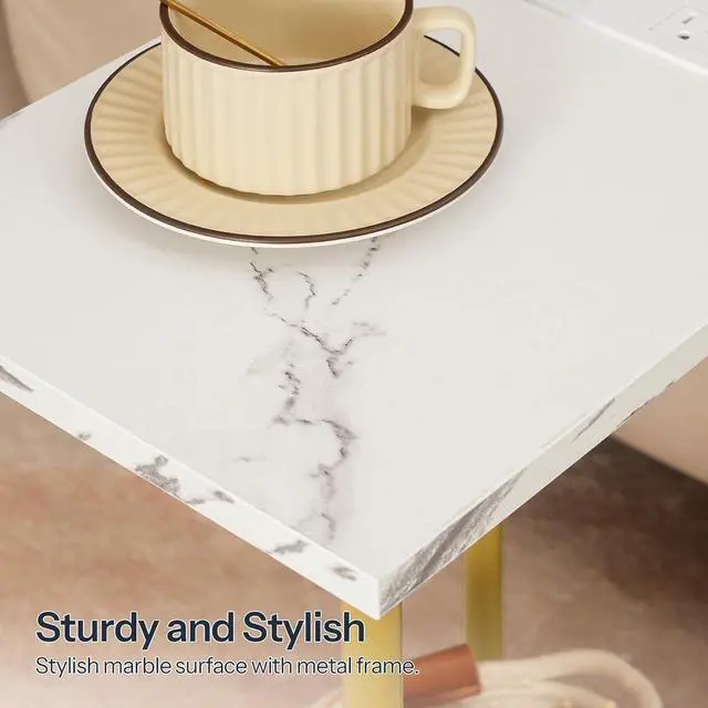 Alt view image 6 of 7 - Side Table with Charging Station, End Table with USB Port and Outlet, Nightstand with 2-Layer Storage Shelves for Small Spaces, Living Room, Bedroom, Stable Frame, Gold and Marble DM09UBZ01