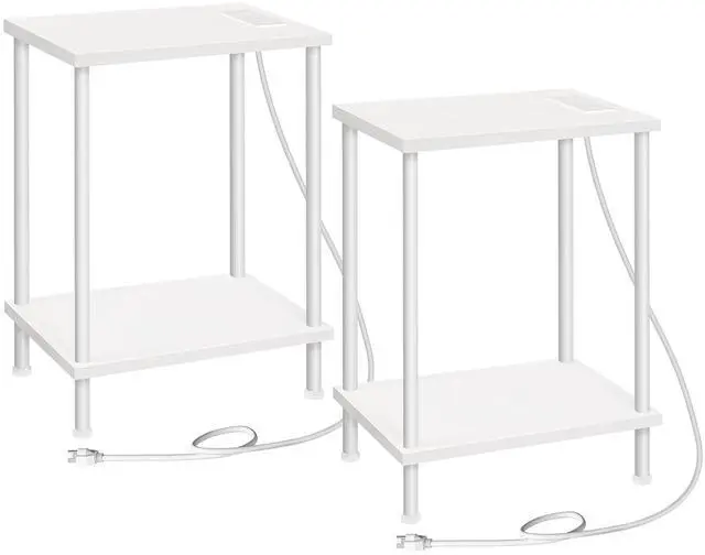 Main image of Side Table with Charging Station, Set of 2 End Tables with USB Port and Outlets, Nightstand with 2-Layer Storage Shelves for Small Spaces, Living Room, Bedroom, White WW09UBZP201